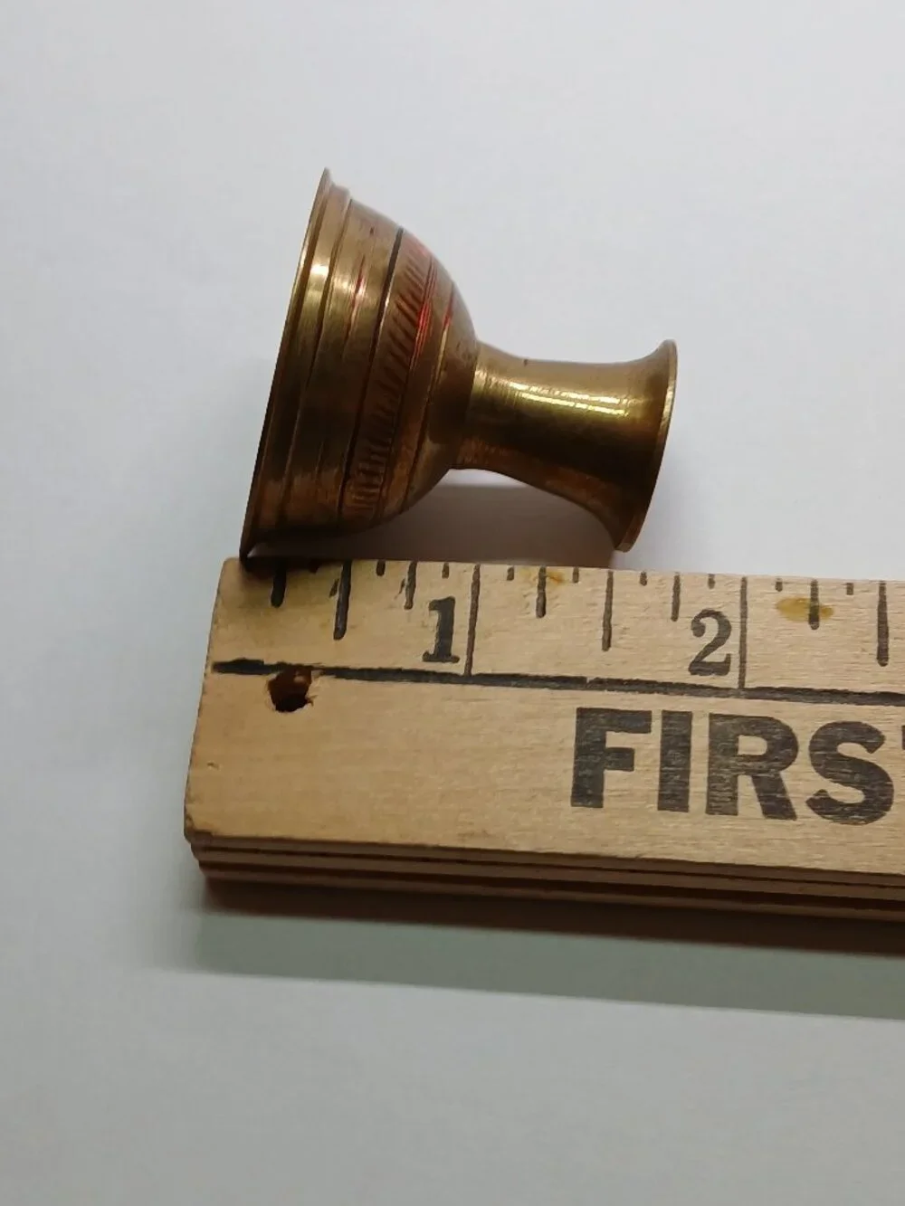 SMALL VINTAGE ANTIQUE BRASS VESSEL WITH GEOMETRIC PATTERNS IN RED PAINT
